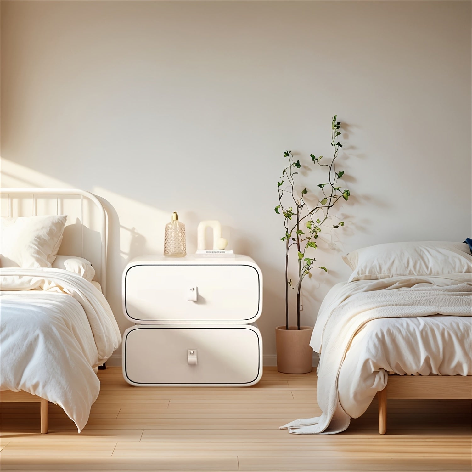 Cream White Bedside Table with 2-Drawer Storage - Modern Minimalist Solid & Microfiber Leather Bed Cabinet, Space-Saving Nightstand, Cream White Finish, Compact Low-Profile Design (\u003C27\