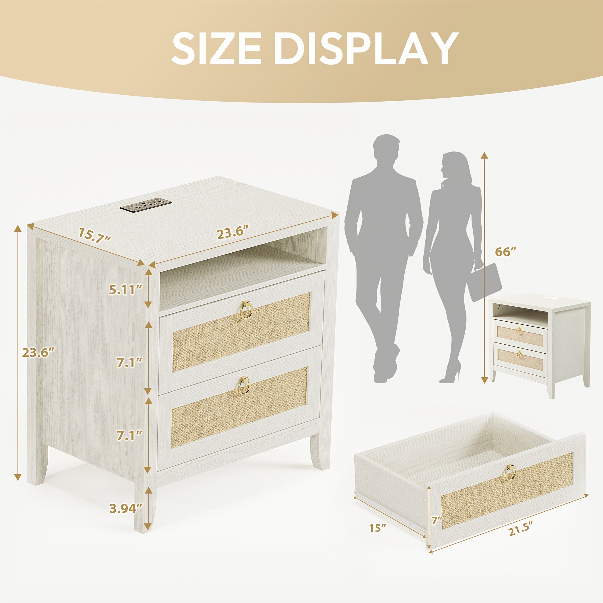 White Night Stand, 2 Drawers And Storage Shelf, Rattan Nightstands Boho, for Bedroom Small Space Corner, 23.6\
