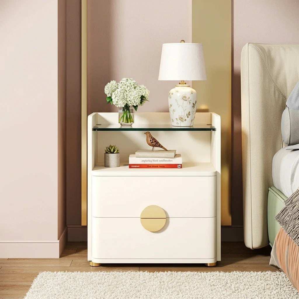 1pc Modern White Nightstand with 2-Drawer & Glass Shelf Storage Bedside Table - Space-Saving Bedside Cabinet, Easy Assembly, Engineered Wood & MDF with Metal Legs, Standalone End Table for Bedroom or Living Room, Assembly Required
