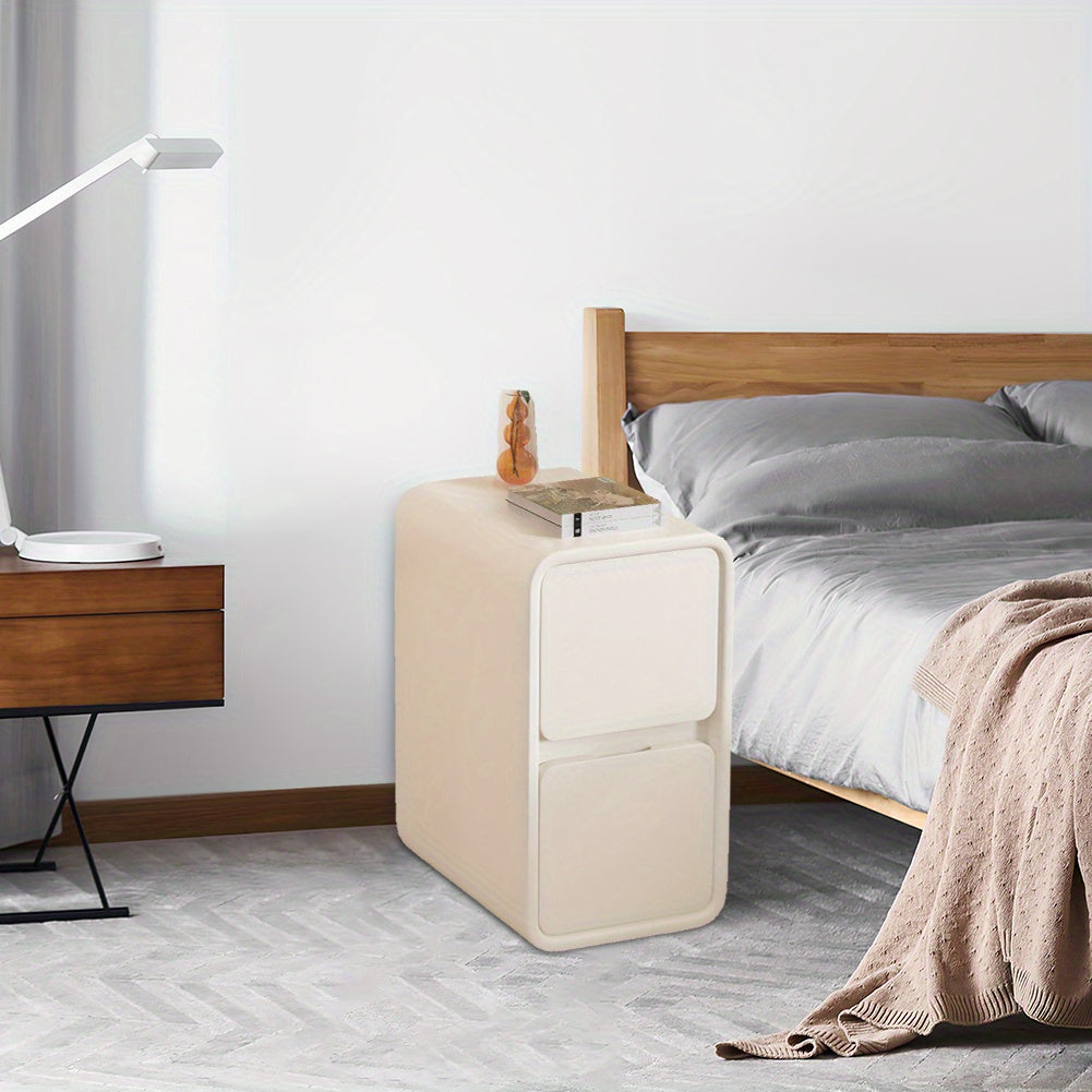 Modern Narrow Faux Leather Nightstand, Drawer, Storage Accent Table,  Side End Table for Bedroom (Cream White, Narrow)