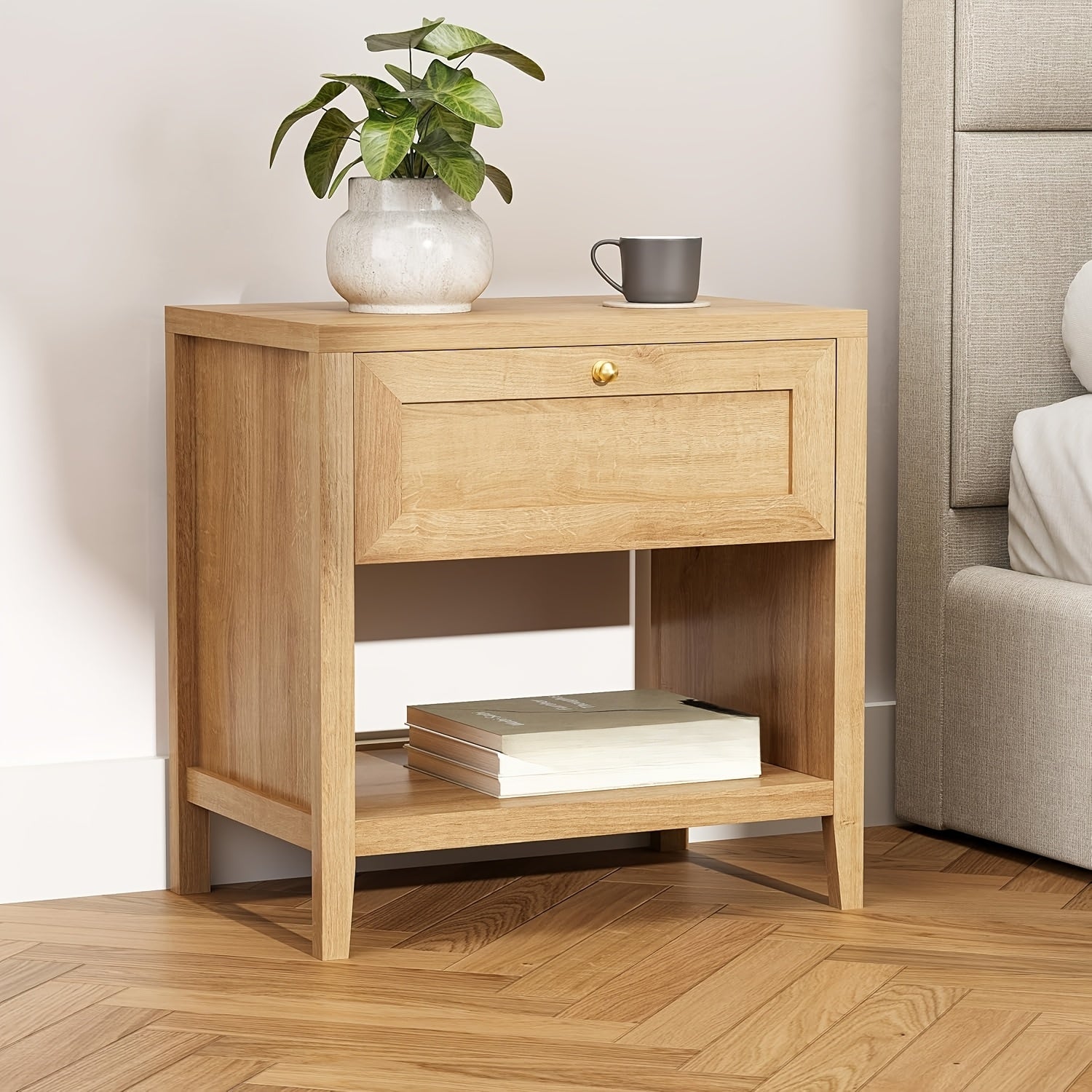 Farmhouse Nightstand, Modern End Table with Open Shelf and a Drawer, Large Wooden Bedside Table for Living Room, Bedroom, Natural Oak