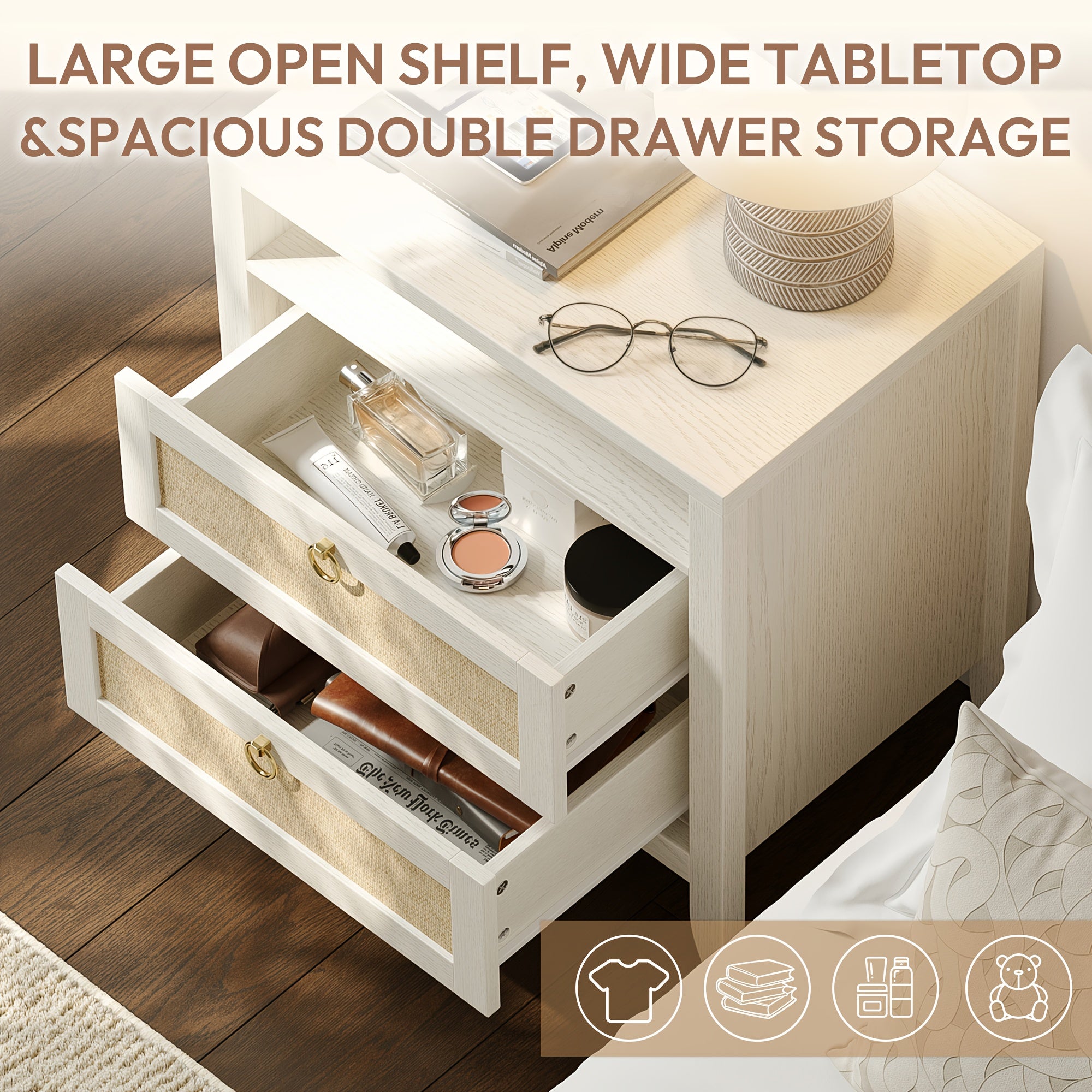 White Night Stand, 2 Drawers And Storage Shelf, Rattan Nightstands Boho, for Bedroom Small Space Corner, 23.6\