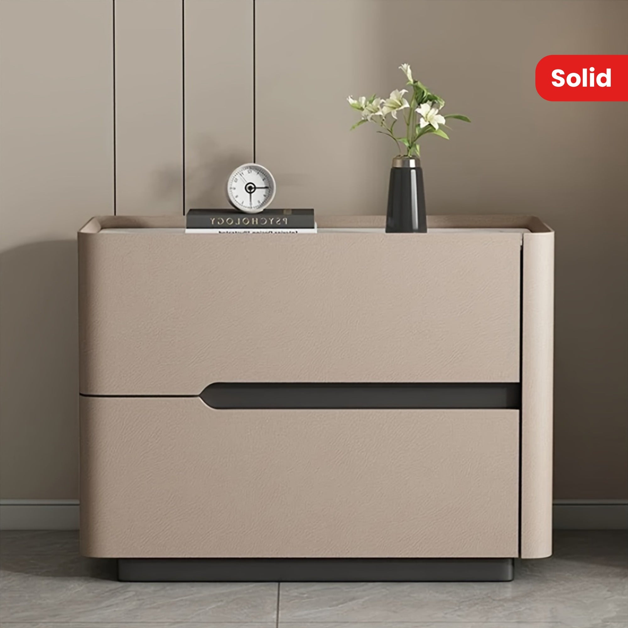 Modern Italian 19.7-inch Double-drawer Larch Solid Wood Bedside Table, The Cabinet Body Is Fully Wrapped In Microfiber Leather, Silent Slide Rail High-end Design, Khaki