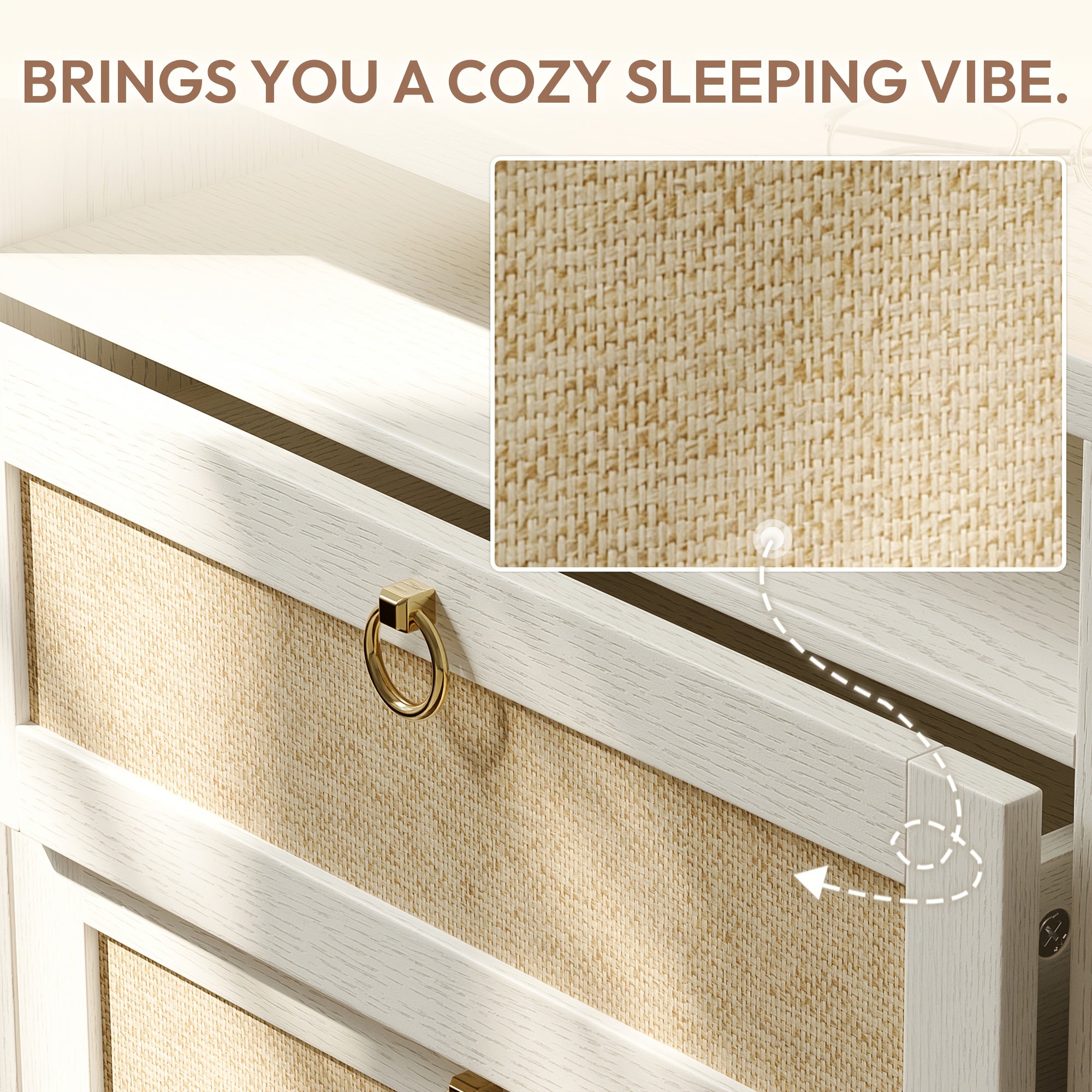 White Night Stand, 2 Drawers And Storage Shelf, Rattan Nightstands Boho, for Bedroom Small Space Corner, 23.6\