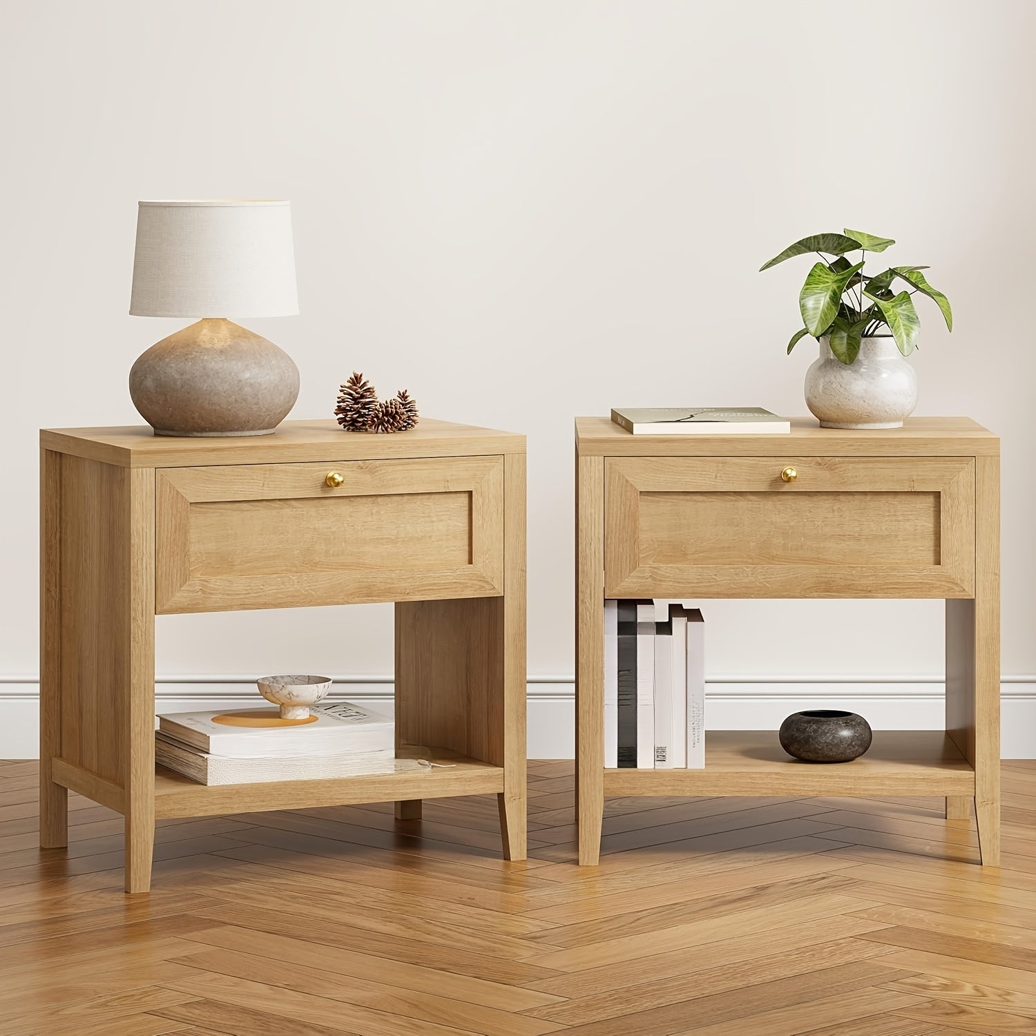 Farmhouse Nightstand, Modern End Table with Open Shelf and a Drawer, Large Wooden Bedside Table for Living Room, Bedroom, Natural Oak