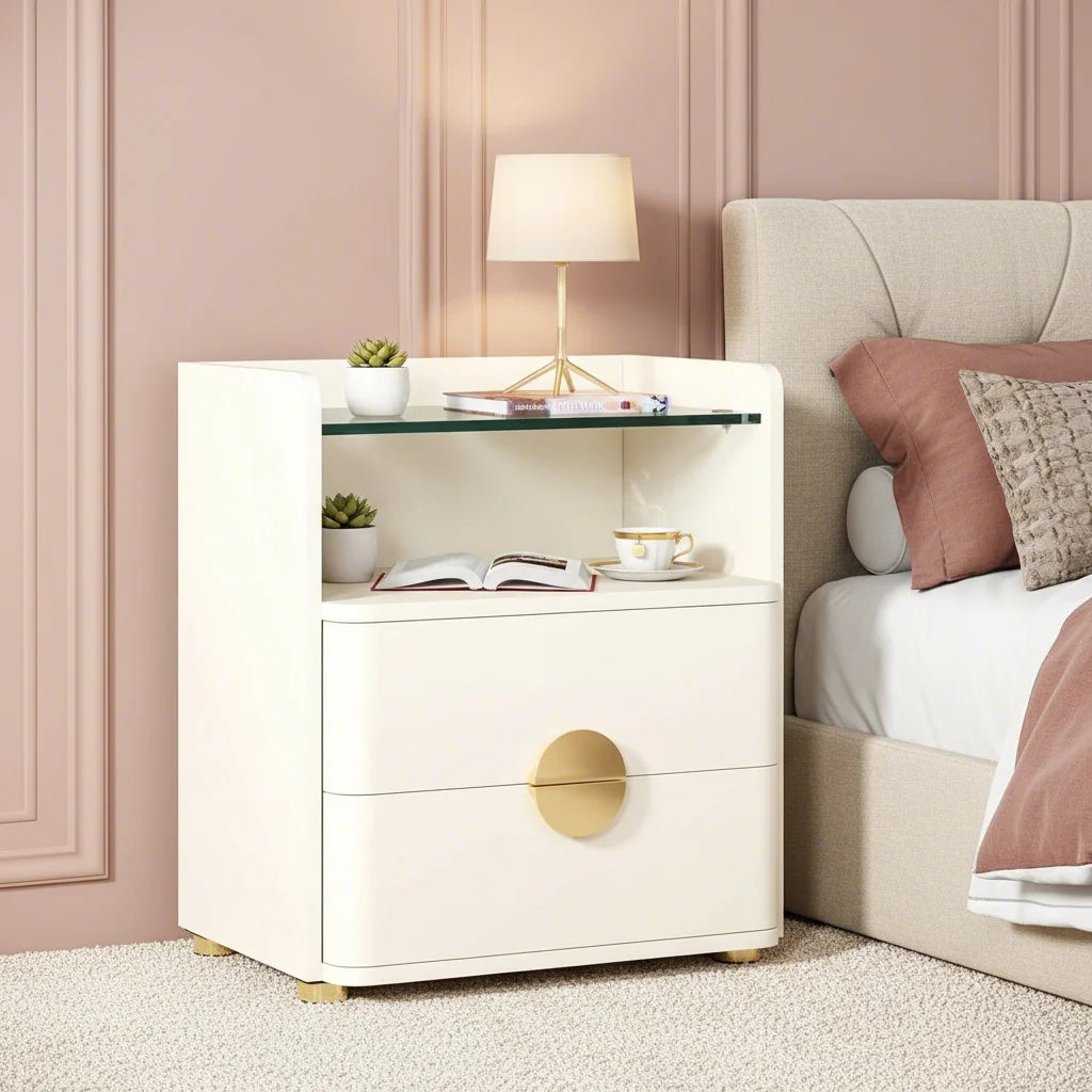 1pc Modern White Nightstand with 2-Drawer & Glass Shelf Storage Bedside Table - Space-Saving Bedside Cabinet, Easy Assembly, Engineered Wood & MDF with Metal Legs, Standalone End Table for Bedroom or Living Room, Assembly Required