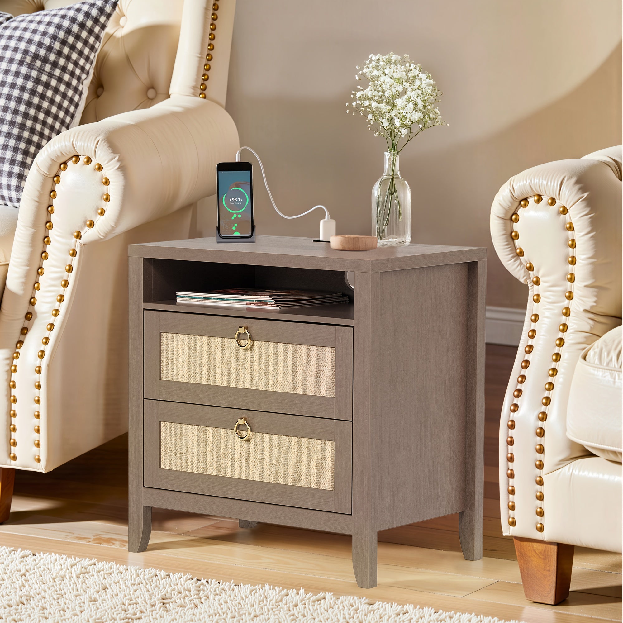 White Night Stand, 2 Drawers And Storage Shelf, Rattan Nightstands Boho, for Bedroom Small Space Corner, 23.6\