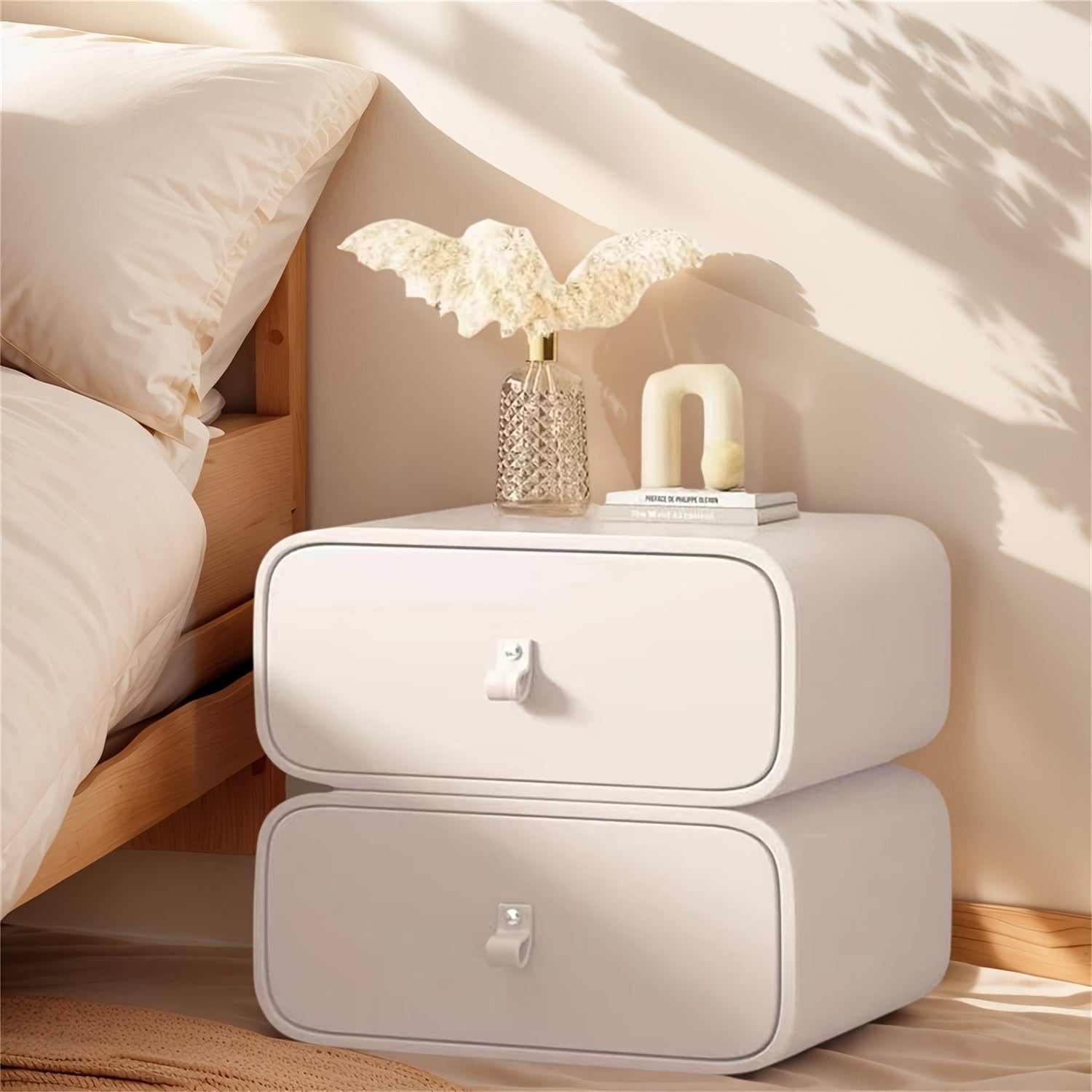Cream White Bedside Table with 2-Drawer Storage - Modern Minimalist Solid & Microfiber Leather Bed Cabinet, Space-Saving Nightstand, Cream White Finish, Compact Low-Profile Design (\u003C27\