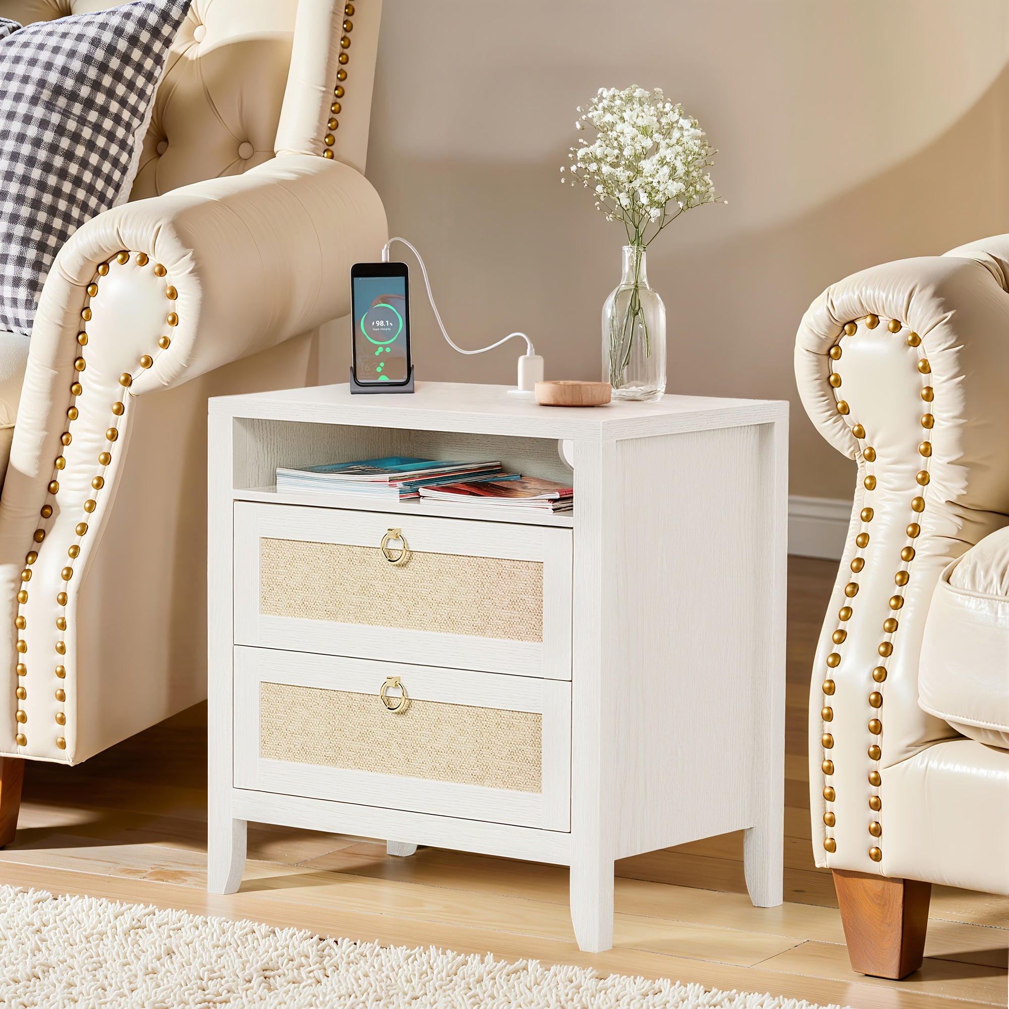 White Night Stand, 2 Drawers And Storage Shelf, Rattan Nightstands Boho, for Bedroom Small Space Corner, 23.6\
