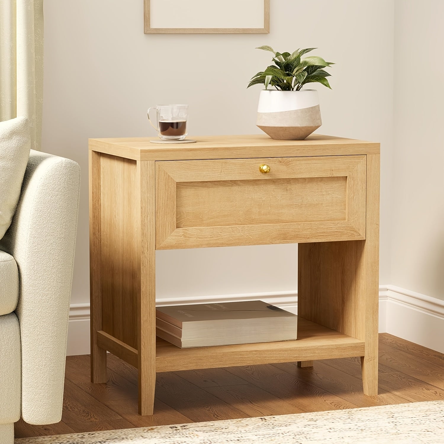 Farmhouse Nightstand, Modern End Table with Open Shelf and a Drawer, Large Wooden Bedside Table for Living Room, Bedroom, Natural Oak