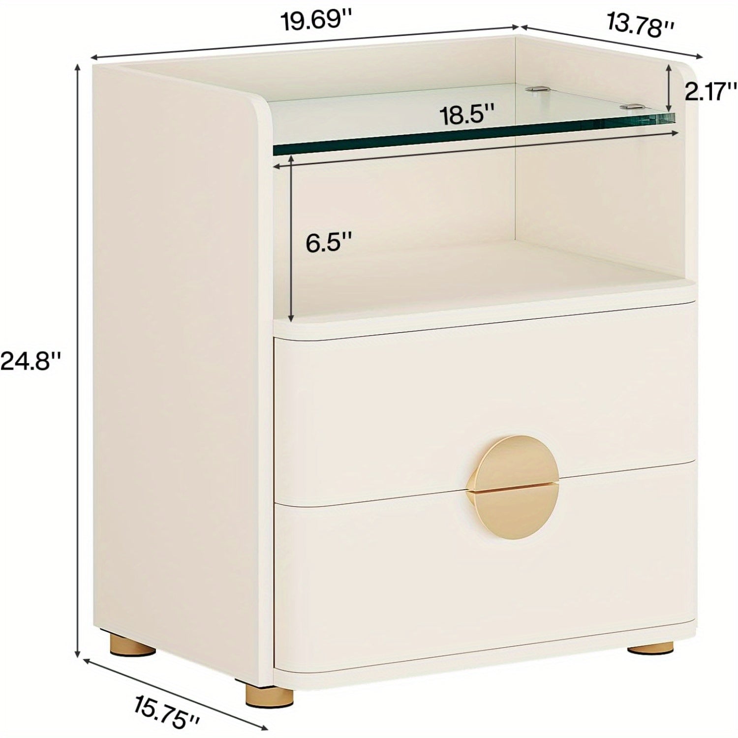 1pc Modern White Nightstand with 2-Drawer & Glass Shelf Storage Bedside Table - Space-Saving Bedside Cabinet, Easy Assembly, Engineered Wood & MDF with Metal Legs, Standalone End Table for Bedroom or Living Room, Assembly Required
