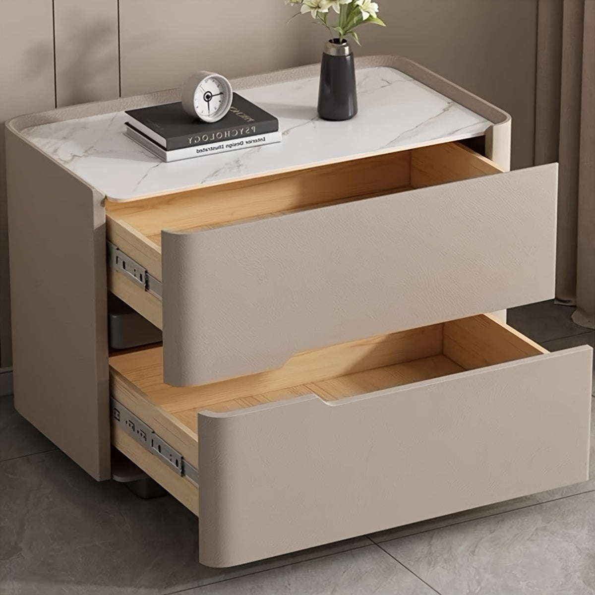 Modern Italian 19.7-inch Double-drawer Larch Solid Wood Bedside Table, The Cabinet Body Is Fully Wrapped In Microfiber Leather, Silent Slide Rail High-end Design, Khaki