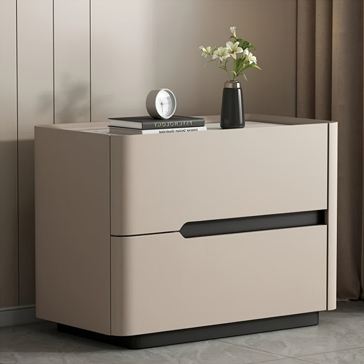 Modern Italian 19.7-inch Double-drawer Larch Solid Wood Bedside Table, The Cabinet Body Is Fully Wrapped In Microfiber Leather, Silent Slide Rail High-end Design, Khaki
