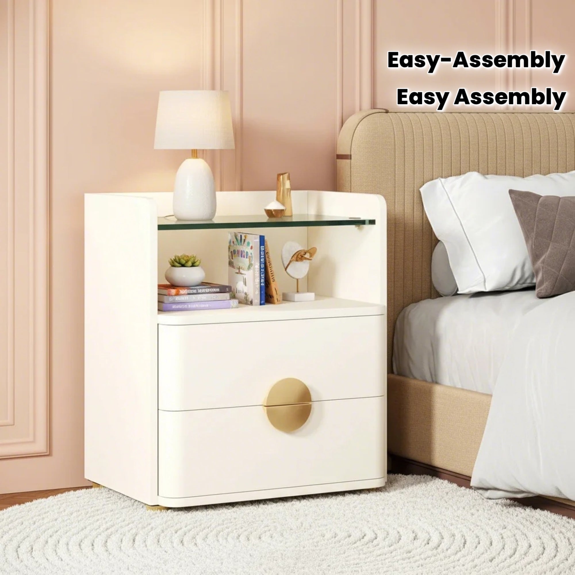 1pc Modern White Nightstand with 2-Drawer & Glass Shelf Storage Bedside Table - Space-Saving Bedside Cabinet, Easy Assembly, Engineered Wood & MDF with Metal Legs, Standalone End Table for Bedroom or Living Room, Assembly Required