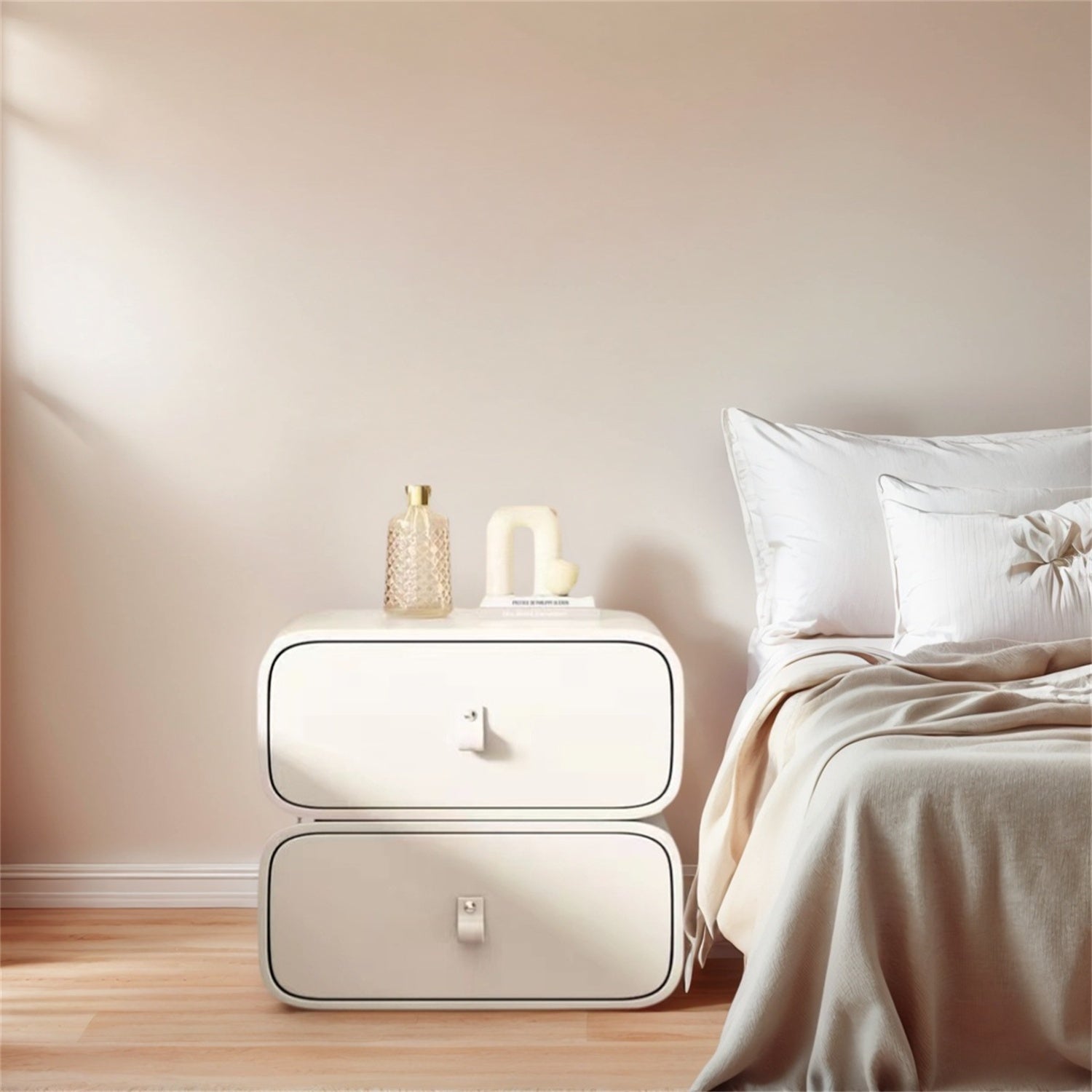 Cream White Bedside Table with 2-Drawer Storage - Modern Minimalist Solid & Microfiber Leather Bed Cabinet, Space-Saving Nightstand, Cream White Finish, Compact Low-Profile Design (\u003C27\