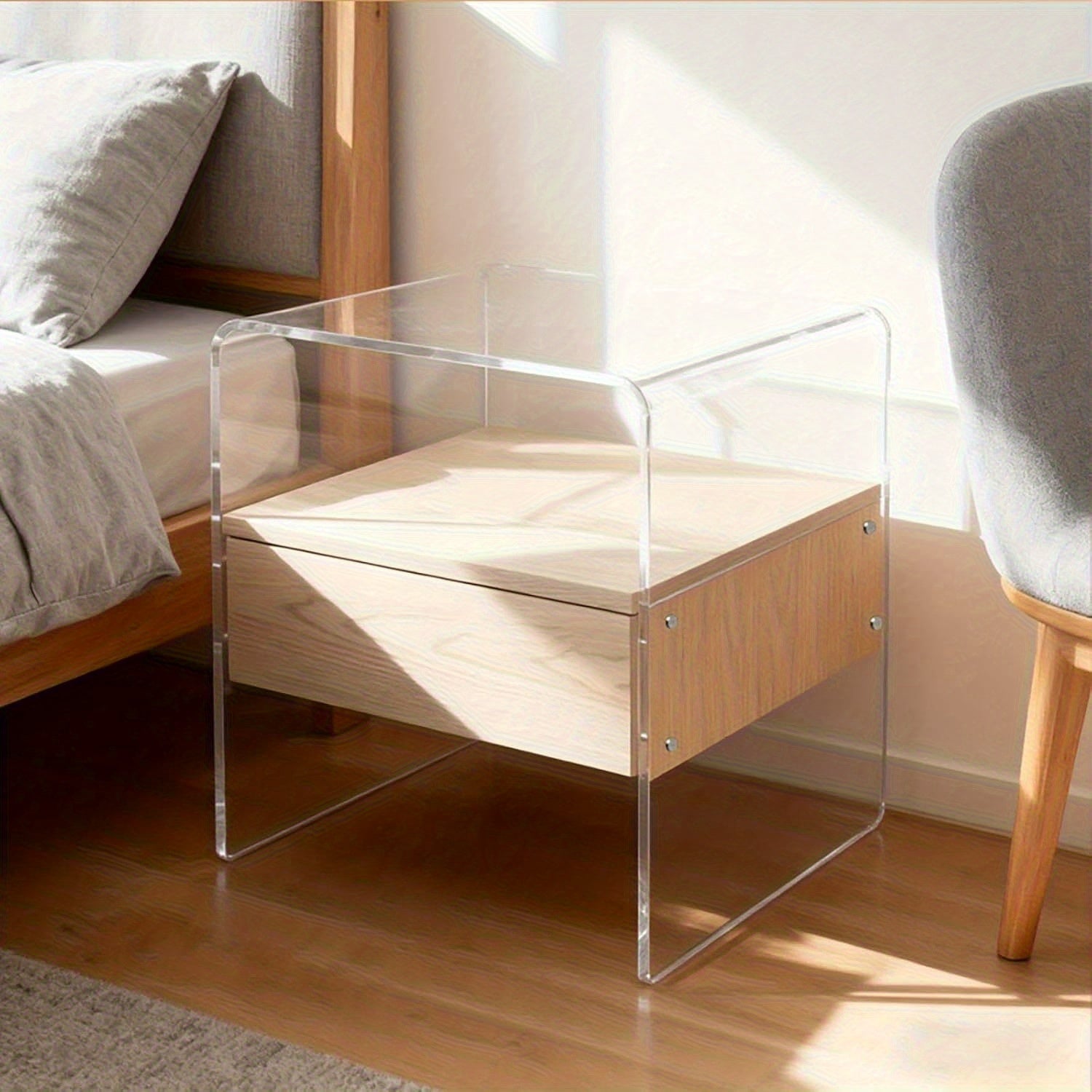 Clear Acrylic Nightstand with Drawer -Transparent Pre-Assembled Bedside Table, Durable Thick Acrylic End Table for Bedroom, Living Room, Dorm & Small Spaces, Modern Minimalist Accent Furniture, Contemporary Decor, Sleek Design, Apartment Dwellers