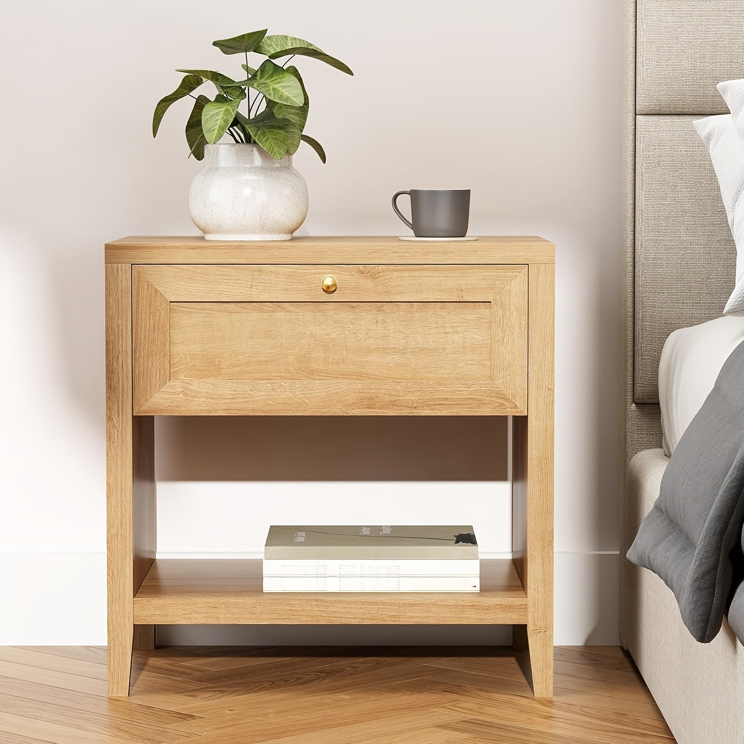 Farmhouse Nightstand, Modern End Table with Open Shelf and a Drawer, Large Wooden Bedside Table for Living Room, Bedroom, Natural Oak