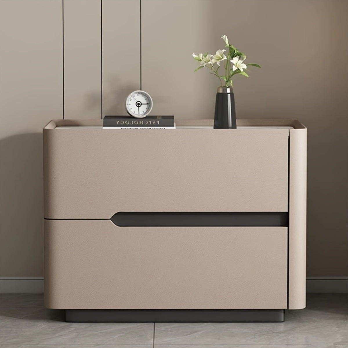 Modern Italian 19.7-inch Double-drawer Larch Solid Wood Bedside Table, The Cabinet Body Is Fully Wrapped In Microfiber Leather, Silent Slide Rail High-end Design, Khaki