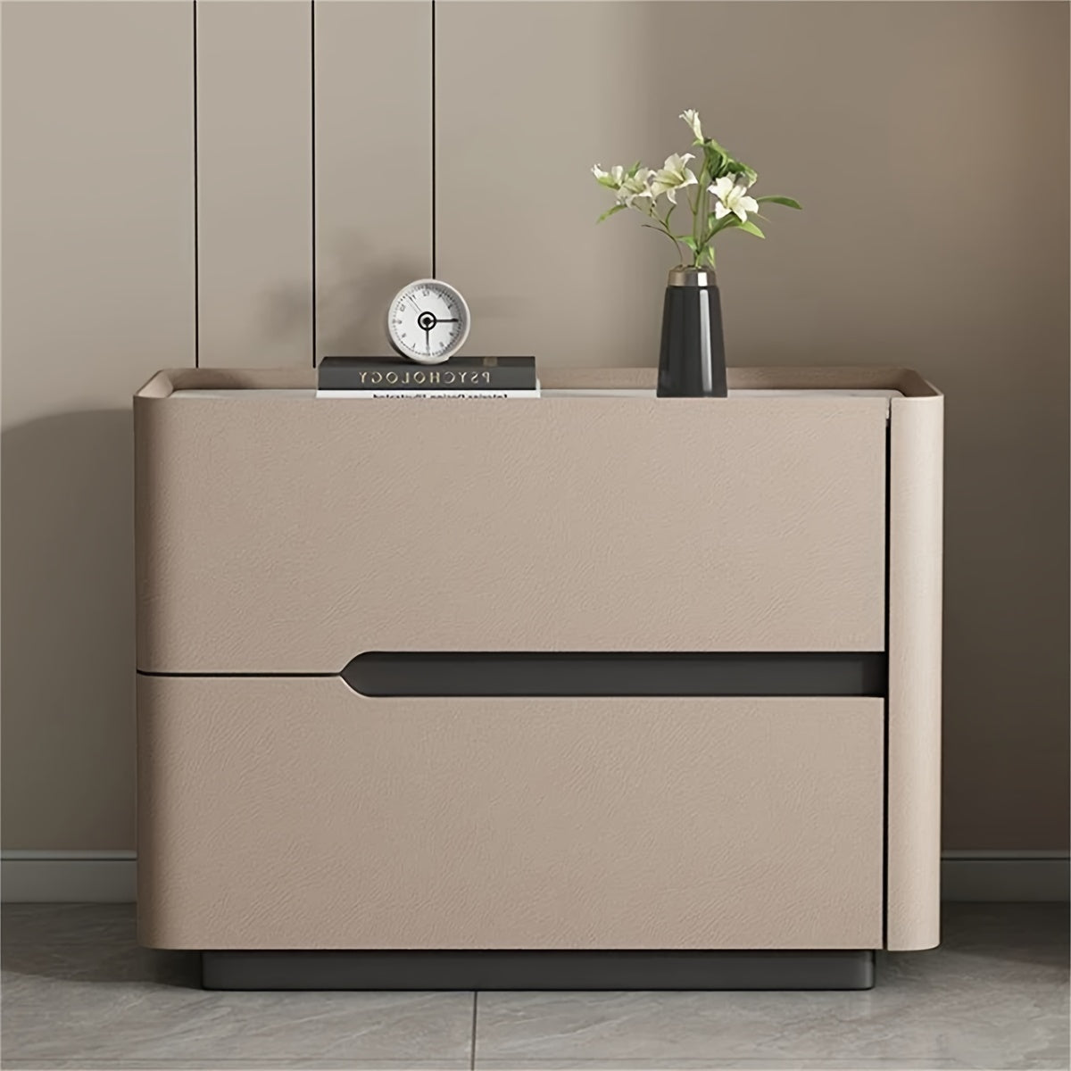 Modern Italian 19.7-inch Double-drawer Larch Solid Wood Bedside Table, The Cabinet Body Is Fully Wrapped In Microfiber Leather, Silent Slide Rail High-end Design, Khaki