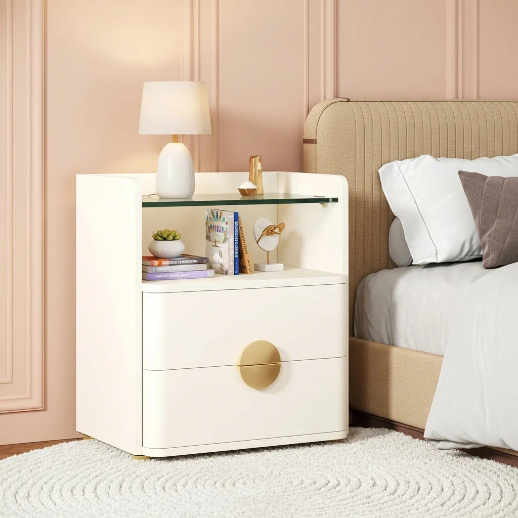 1pc Modern White Nightstand with 2-Drawer & Glass Shelf Storage Bedside Table - Space-Saving Bedside Cabinet, Easy Assembly, Engineered Wood & MDF with Metal Legs, Standalone End Table for Bedroom or Living Room, Assembly Required