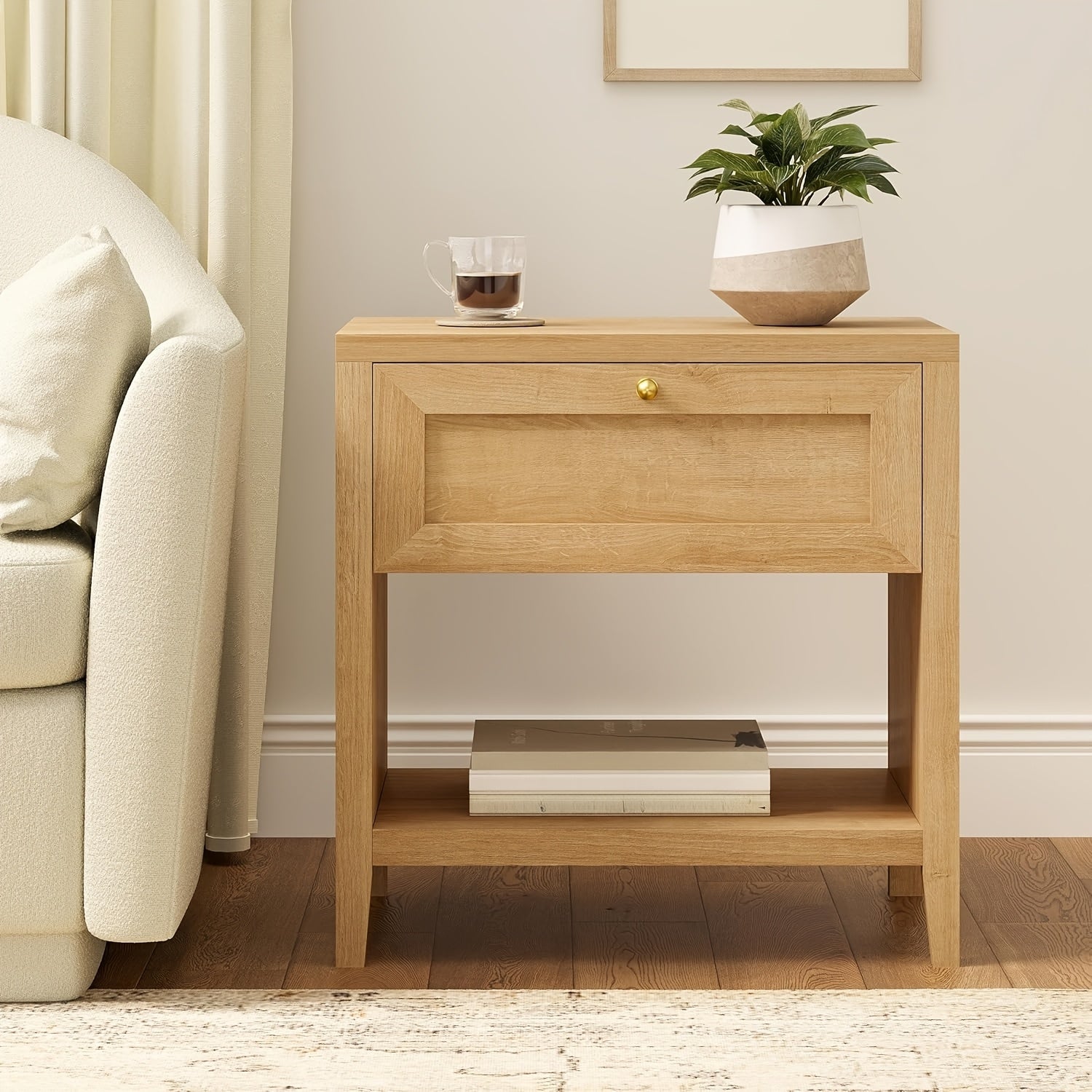 Farmhouse Nightstand, Modern End Table with Open Shelf and a Drawer, Large Wooden Bedside Table for Living Room, Bedroom, Natural Oak