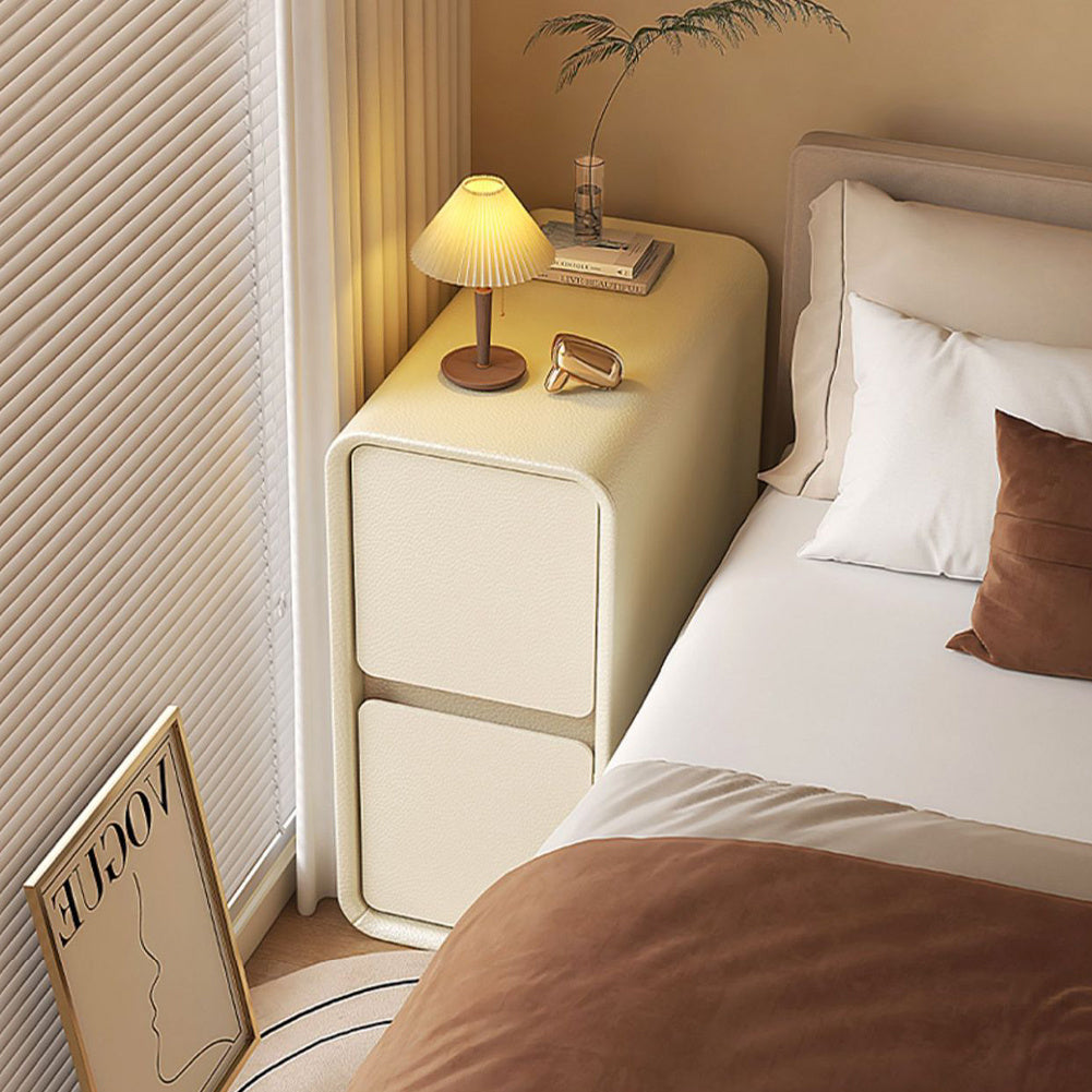 Modern Narrow Faux Leather Nightstand, Drawer, Storage Accent Table,  Side End Table for Bedroom (Cream White, Narrow)