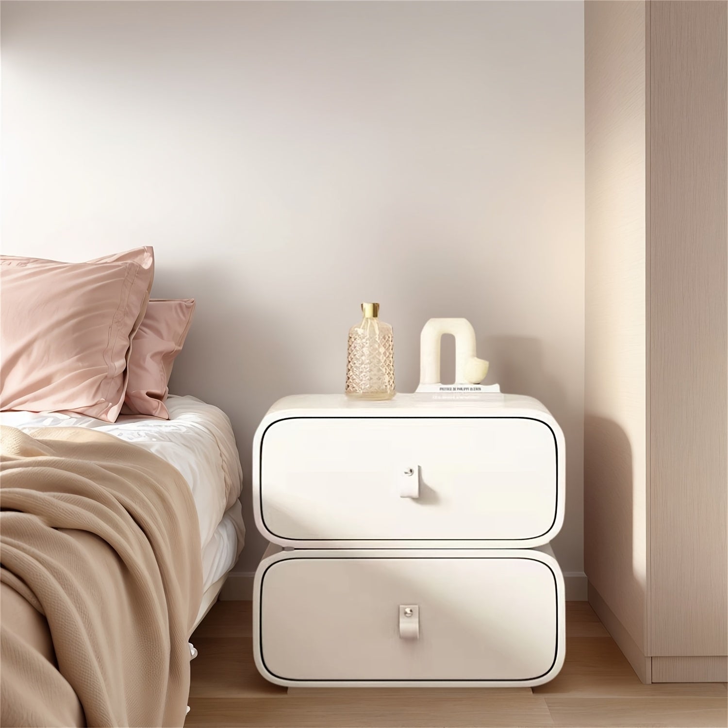 Cream White Bedside Table with 2-Drawer Storage - Modern Minimalist Solid & Microfiber Leather Bed Cabinet, Space-Saving Nightstand, Cream White Finish, Compact Low-Profile Design (\u003C27\