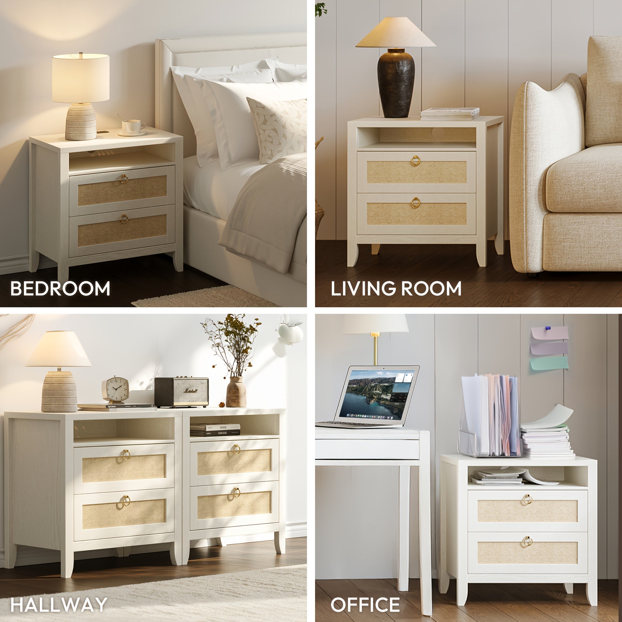 White Night Stand, 2 Drawers And Storage Shelf, Rattan Nightstands Boho, for Bedroom Small Space Corner, 23.6\